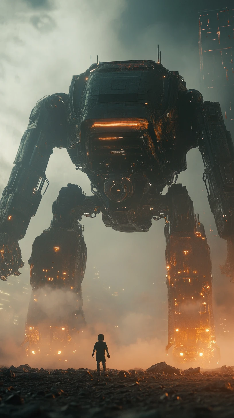 Enorme mech compie un potente primo passo su una piattaforma sci‑fi