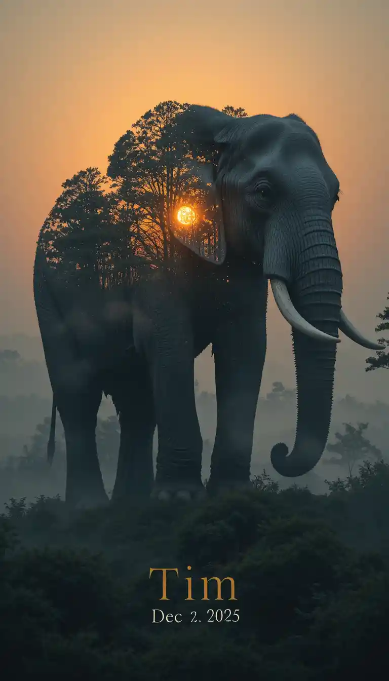 Majestätischer Doppelbelichtungs-Elefant mit leuchtendem Wald