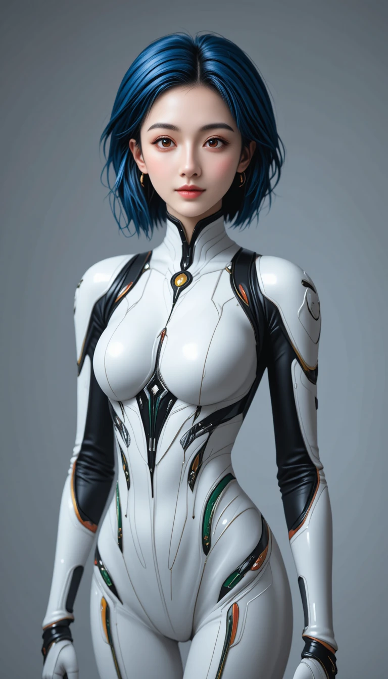 Ruhiges Anime-Mädchen im weißen Plugsuit im mittleren Porträt