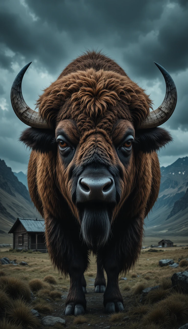 Menacing bison under a stormy sky in rugged wilderness