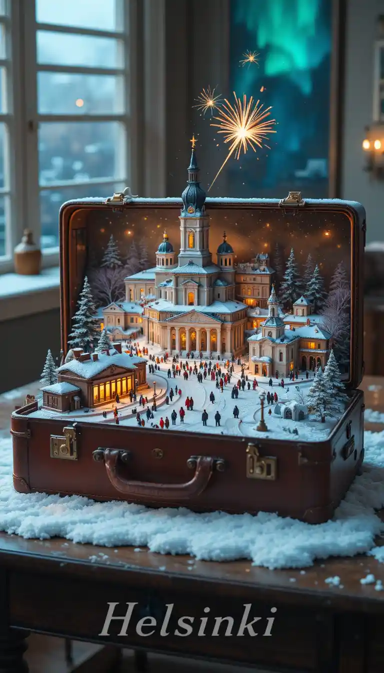Miniature Helsinki winter city in a vintage suitcase