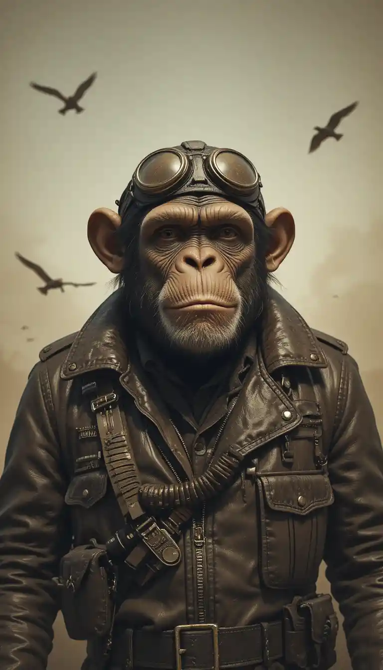 Ilustración de Chimpancé Piloto con Equipo de Vuelo de la Segunda Guerra Mundial