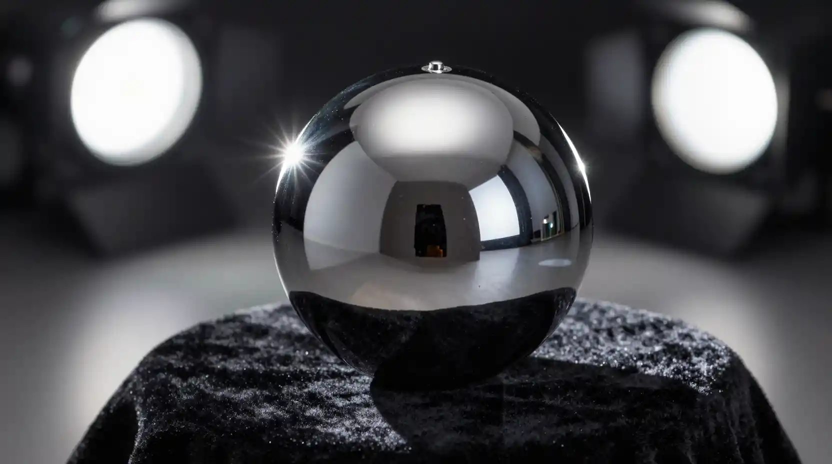 Esfera cromada sobre veludo preto sob luzes dramáticas de estúdio