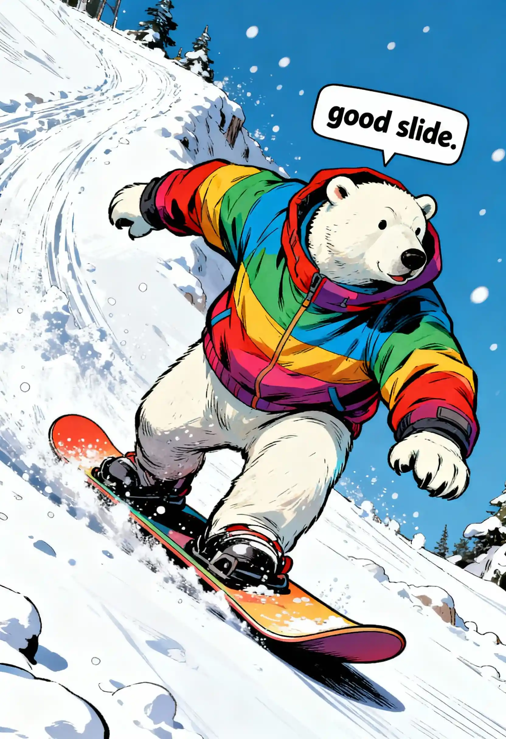 Orso polare che fa snowboard con colorati abiti invernali e testo