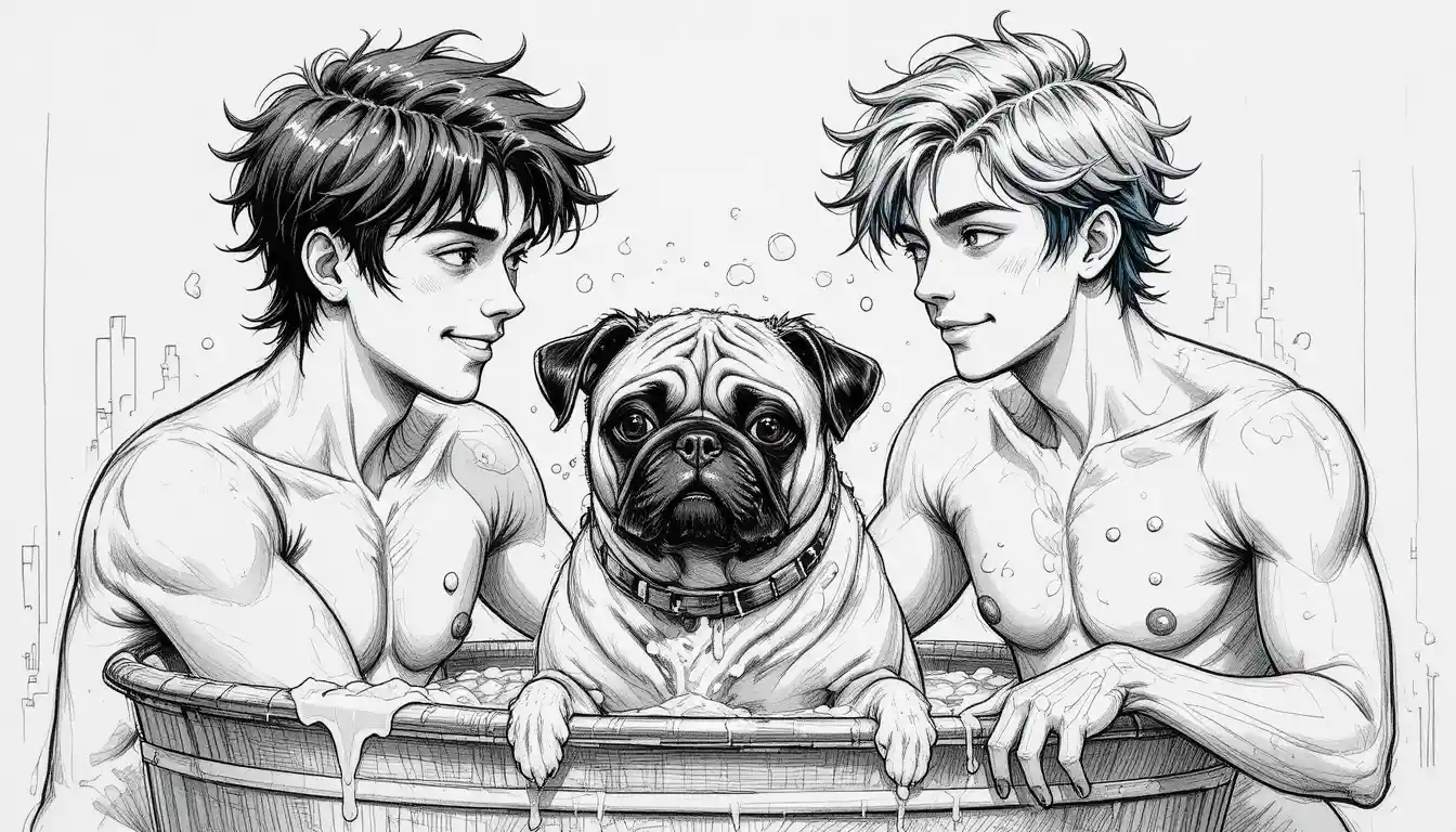 Dos jóvenes bañando a un pug en una tina al aire libre