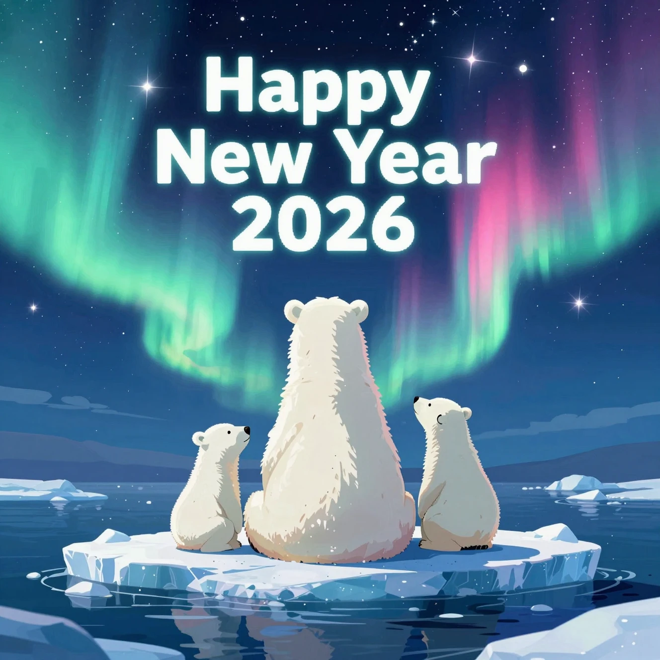 Família de ursos-polares assistindo à aurora e aos fogos de artifício juntos