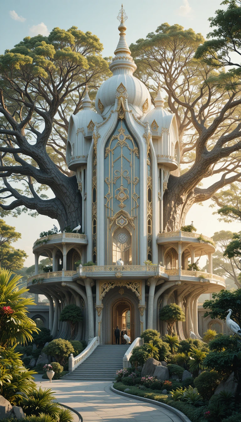Templo futurista na árvore de baobá com jardins e pavões