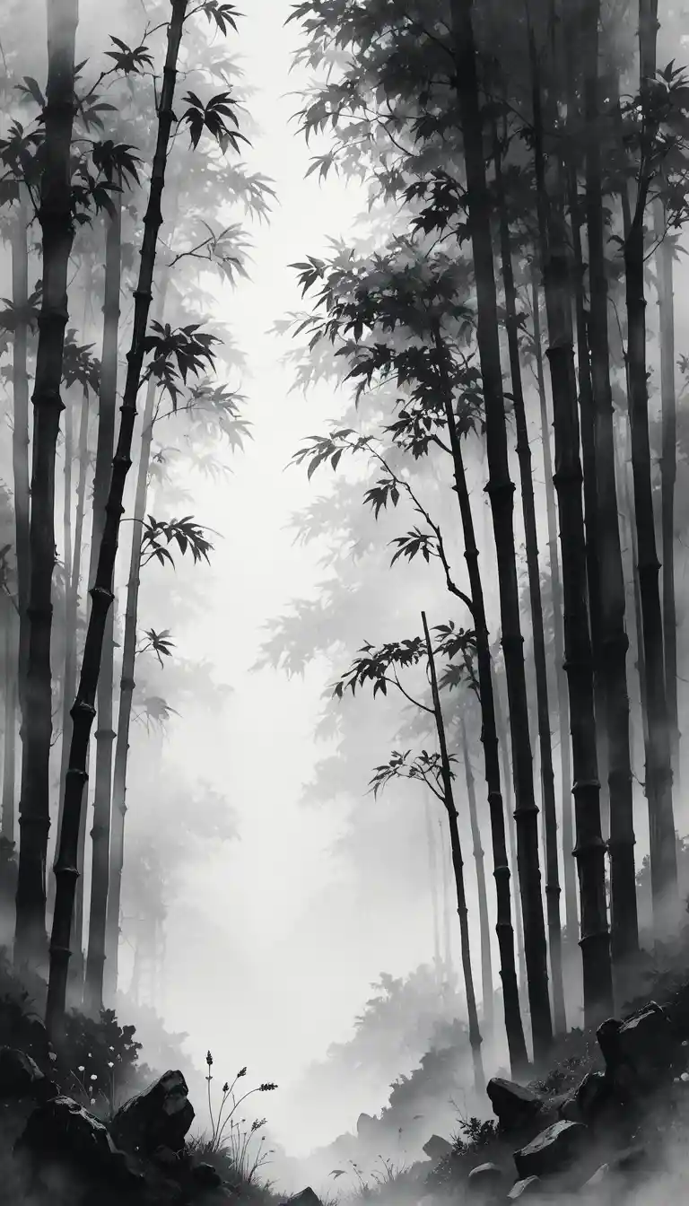 Misty Bamboo Forest In Black And White Watercolor Painting