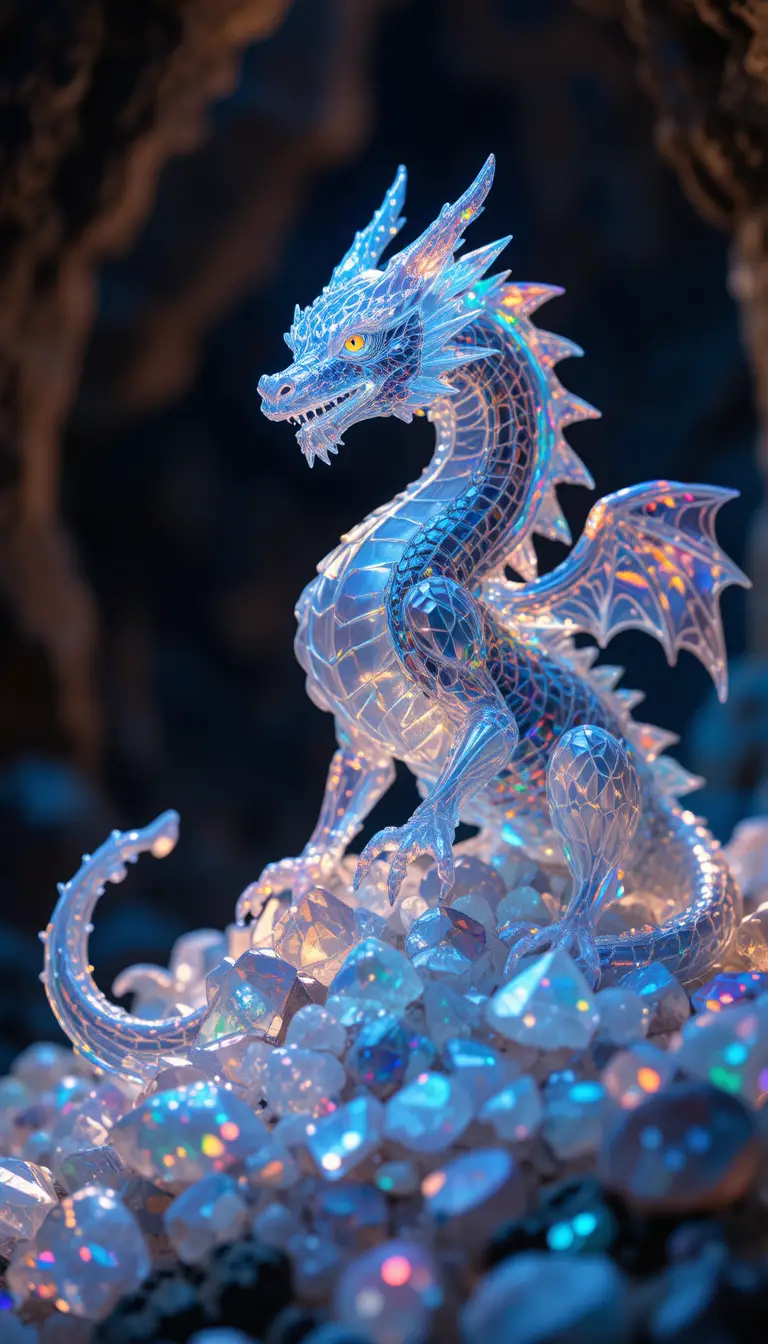 Crystal dragon perched on glowing opals in a dark cave