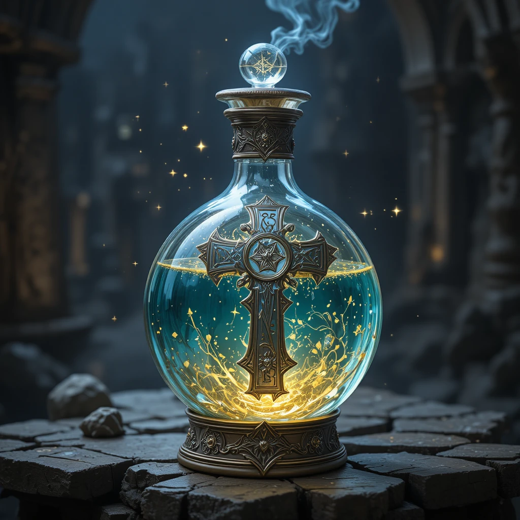 Leuchtende Heiligkreuz-Fantasy-Zaubertrankflasche Illustration