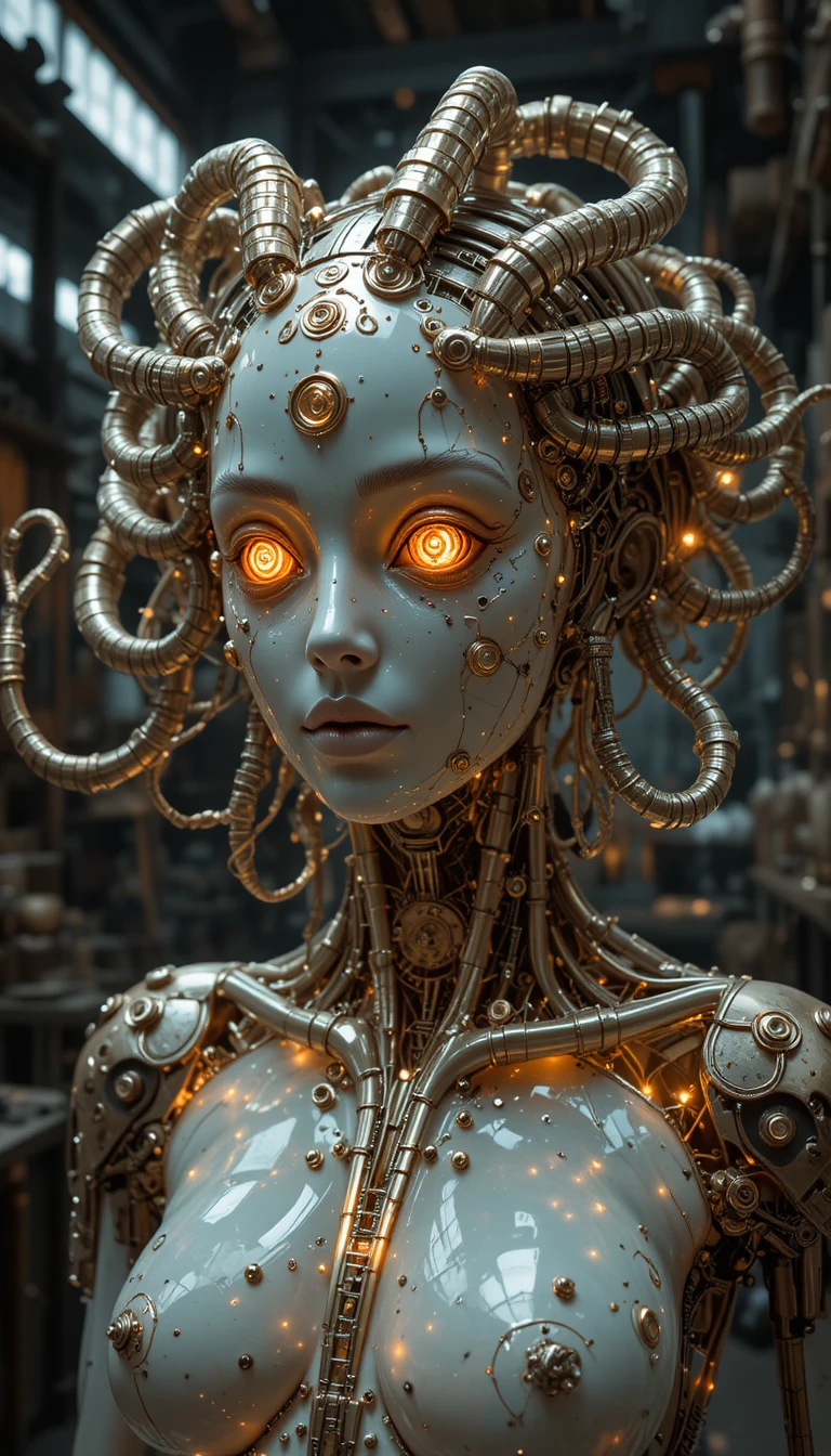 Escultura de medusa robótica en un oscuro taller steampunk