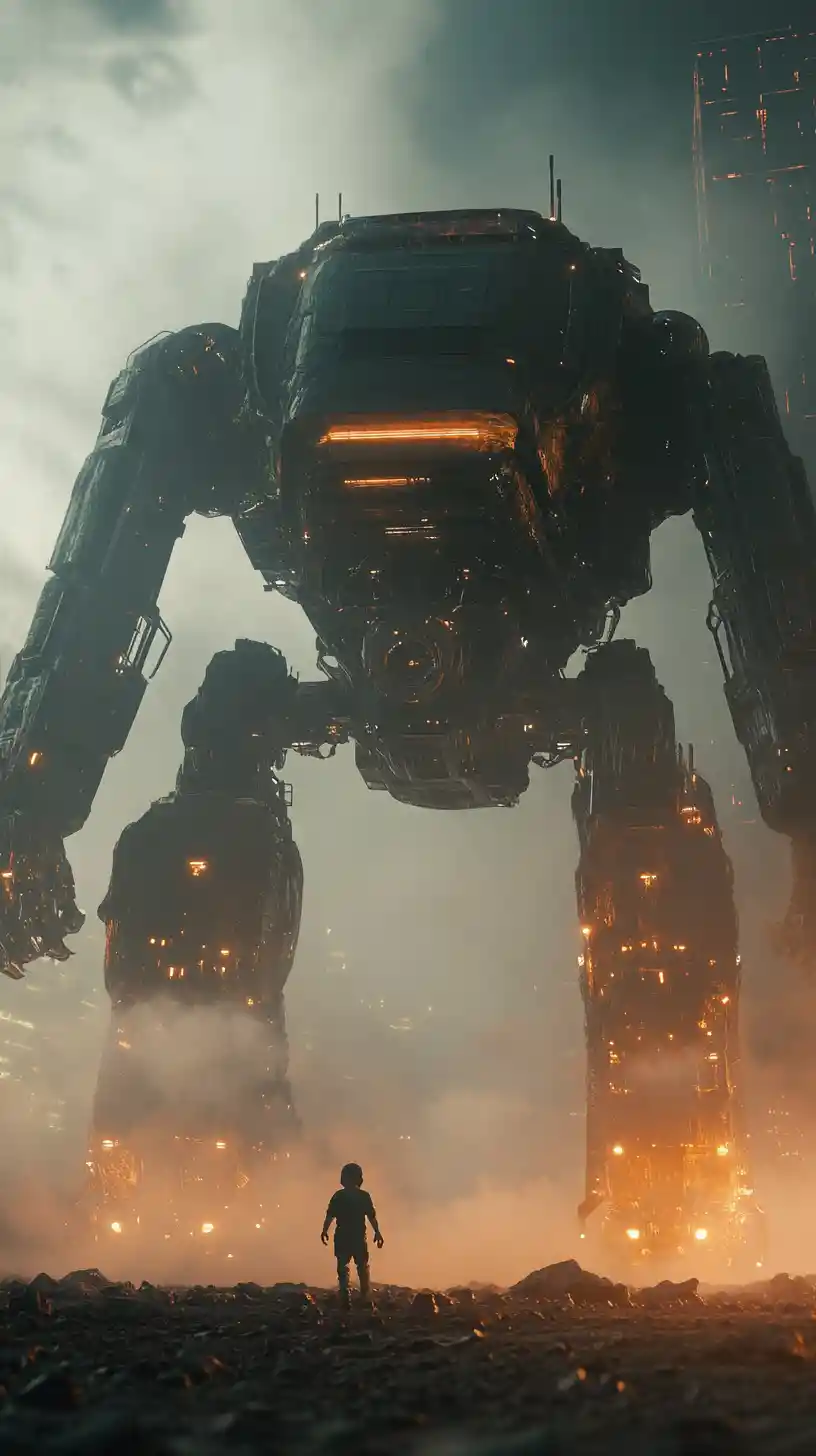 Giant mech taking a powerful first step on sci fi platform