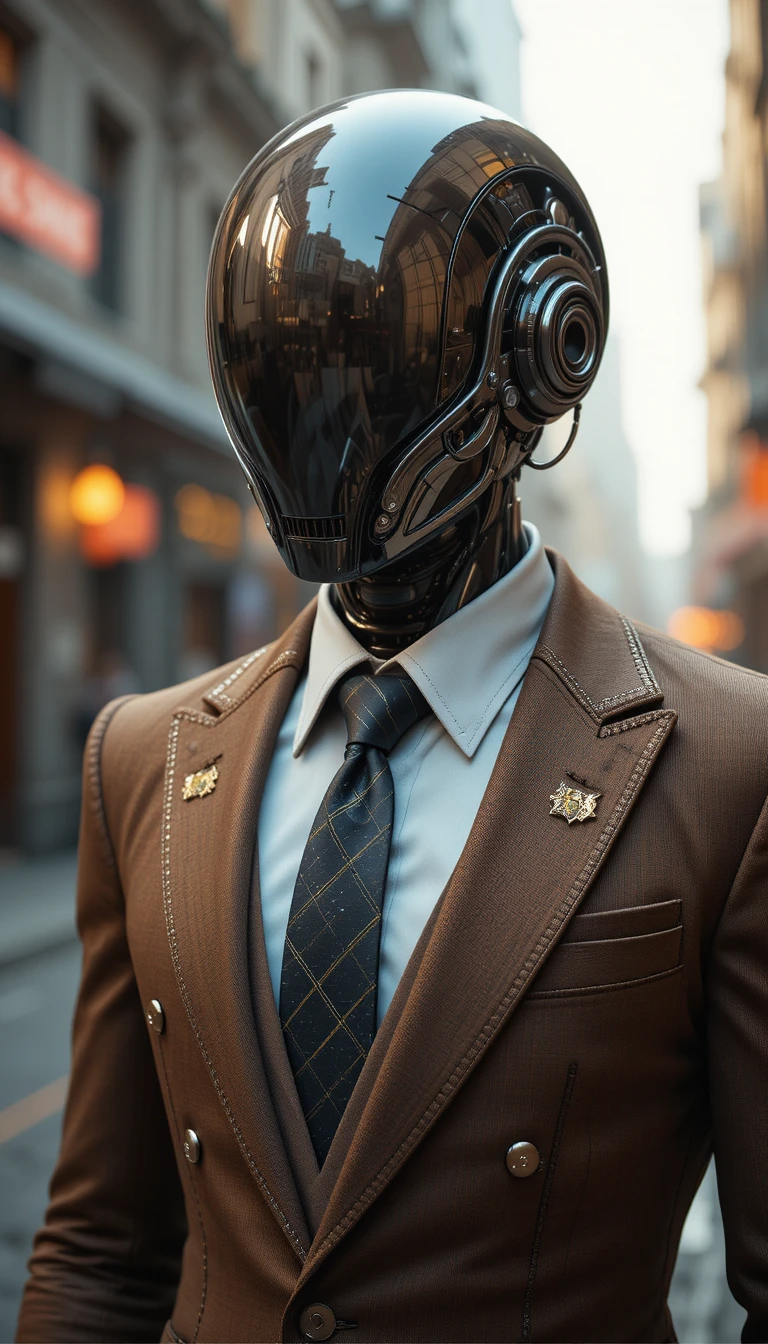 Robot humanoide futurista con traje marrón en la ciudad