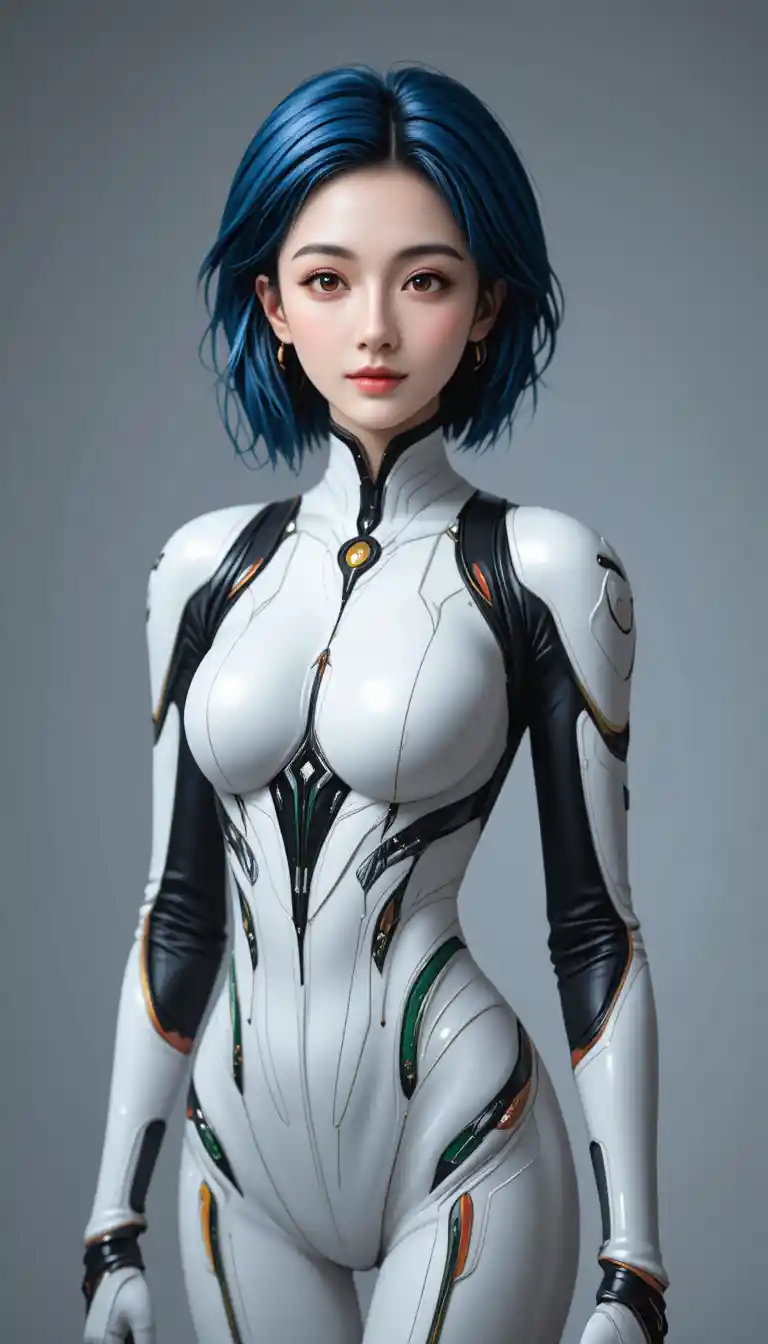 Calm anime girl in white plugsuit medium portrait shot
