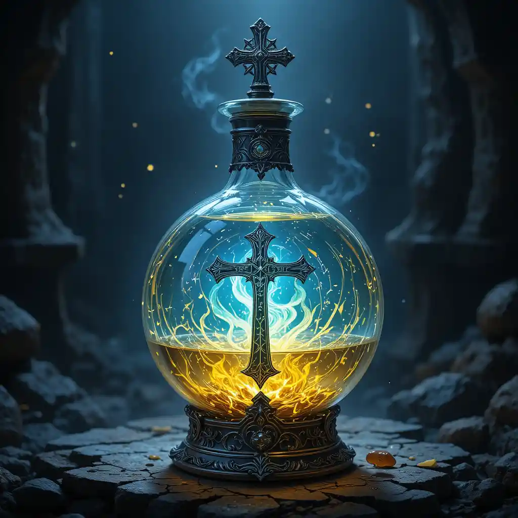 Flacon de Potion à Croix Sacrée Lumineuse dans une Scène de Fantasy Sombre