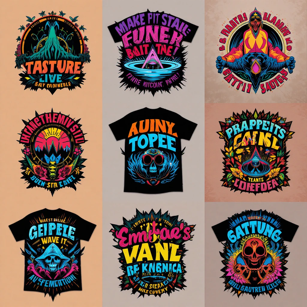 Vibrant retro t shirt graphic with bold typography layout