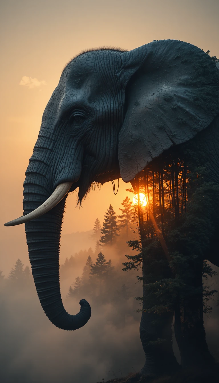 Elefante in doppia esposizione riempito da un tramonto luminoso nella foresta