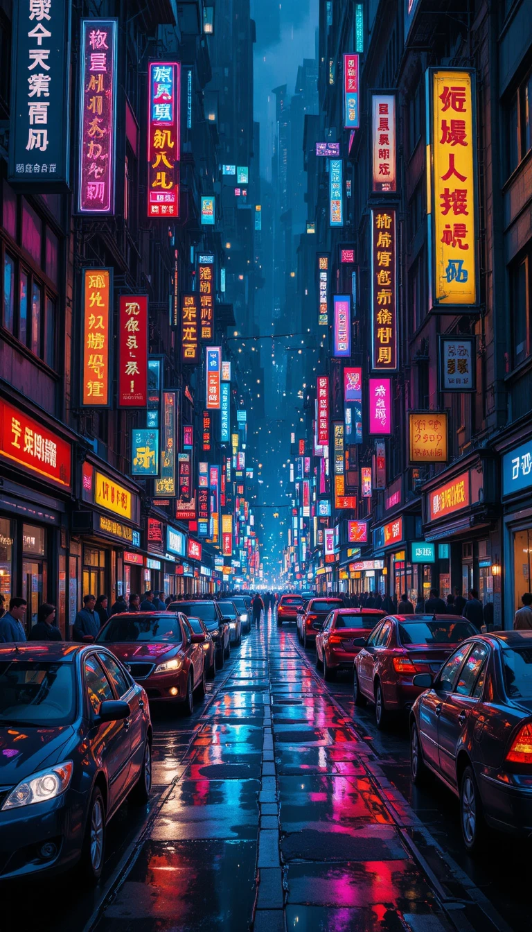Rua de cidade neon lotada de carros em uma noite chuvosa