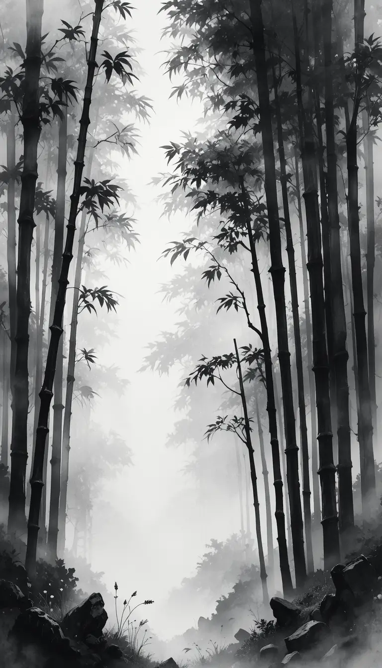 Misty Bamboo Forest In Black And White Watercolor Painting