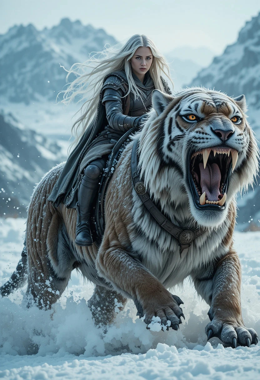 Nordic warrior woman riding saber toothed tiger in snow