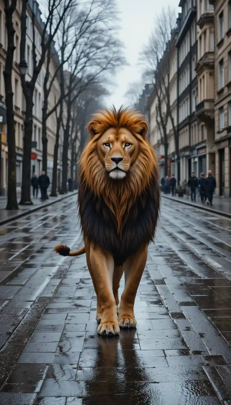 Lion marchant seul dans une rue européenne sous la pluie
