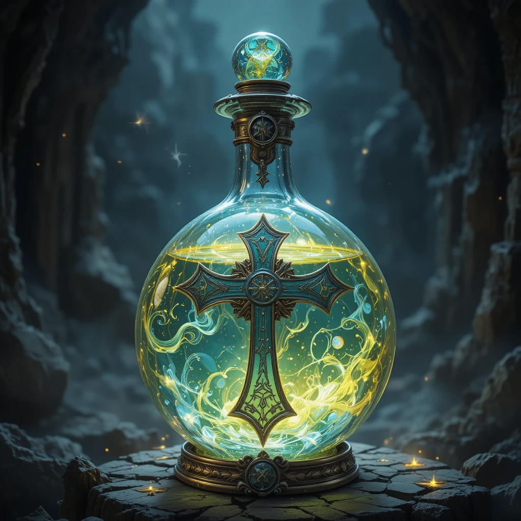 Leuchtende Fantasy-Trankflasche mit kreuzförmigem Stopfen