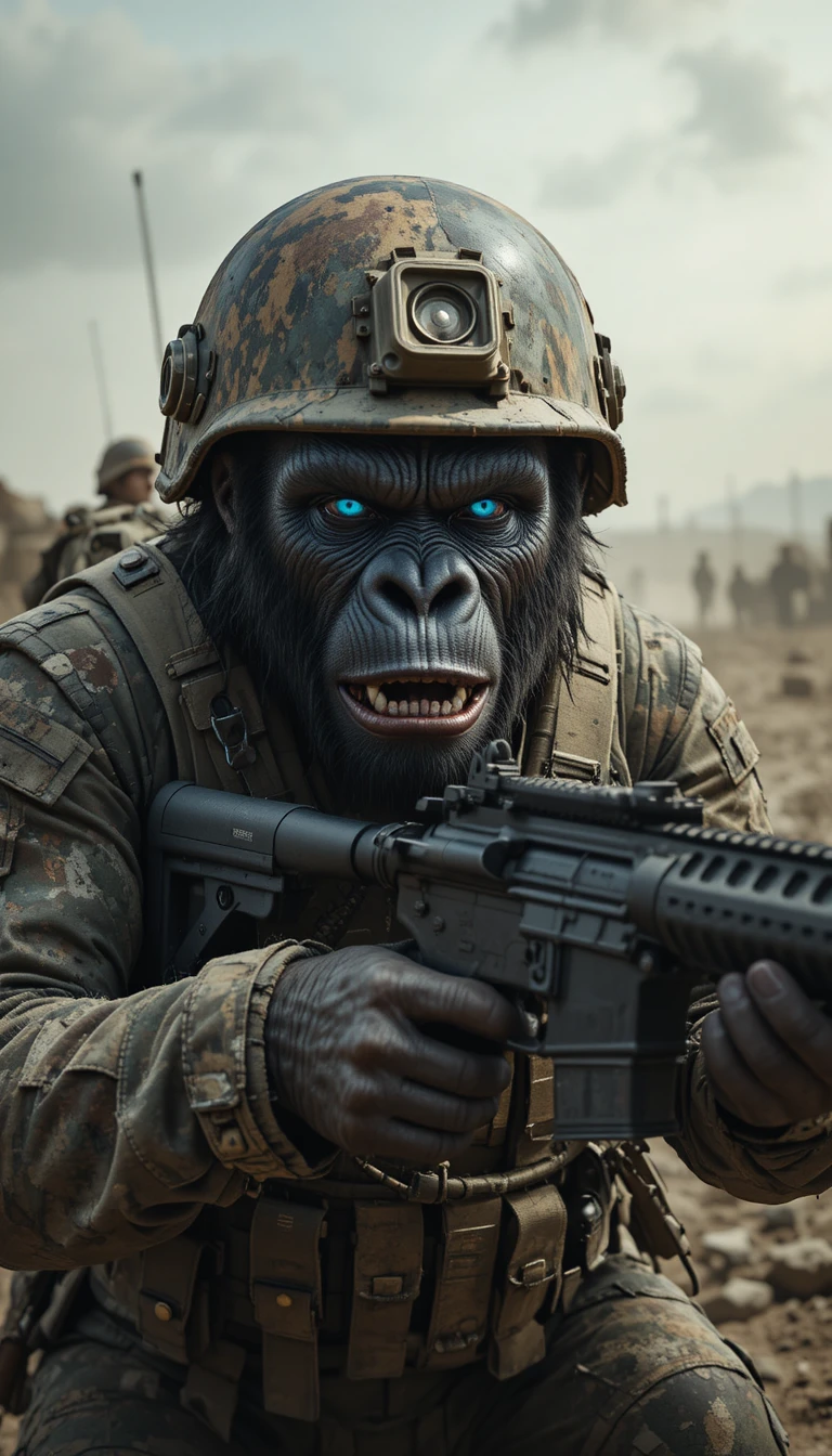 Bewaffneter Gorillasoldat mit blauen Augen auf rauem Schlachtfeld