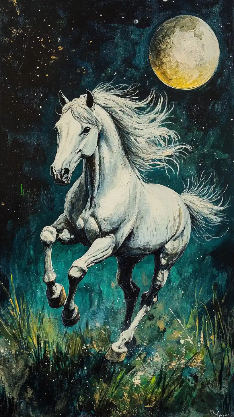 Galloping horse in a night meadow under a starry sky
