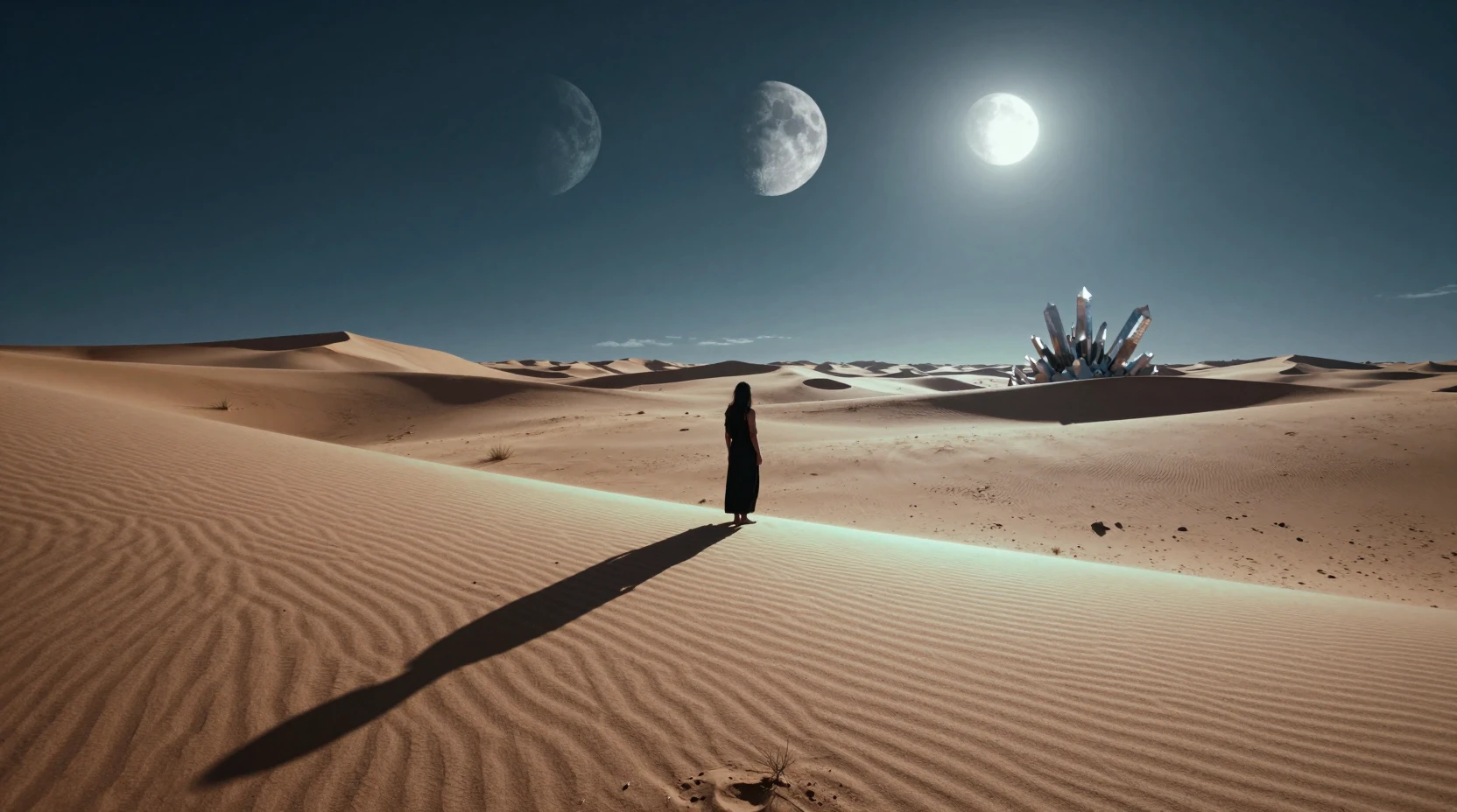 Figura solitária em deserto alienígena luminoso sob duas luas