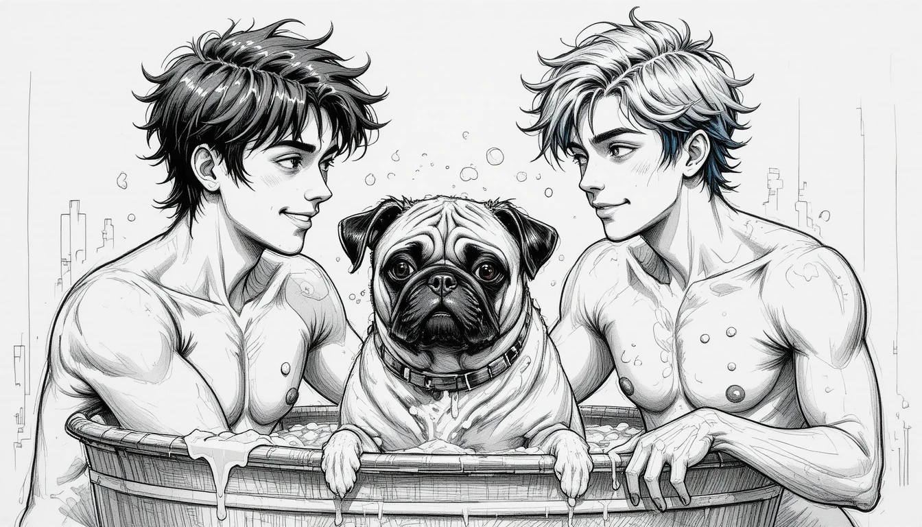 Zwei junge Männer baden einen Mops in einer Wanne im Freien