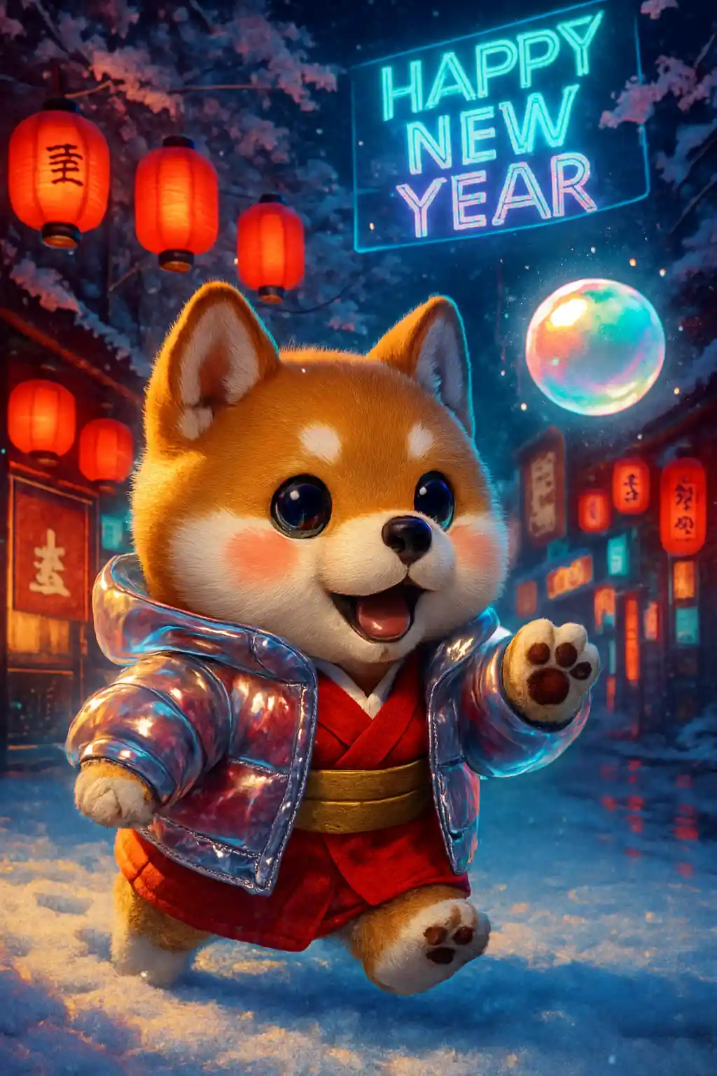 Chibi-Shiba-Inu-Welpe im Winterkimono auf verschneiter Straße
