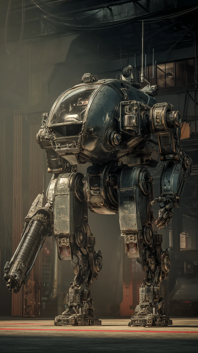 Mech esoscheletro sci‑fi con pilota su piattaforma industriale
