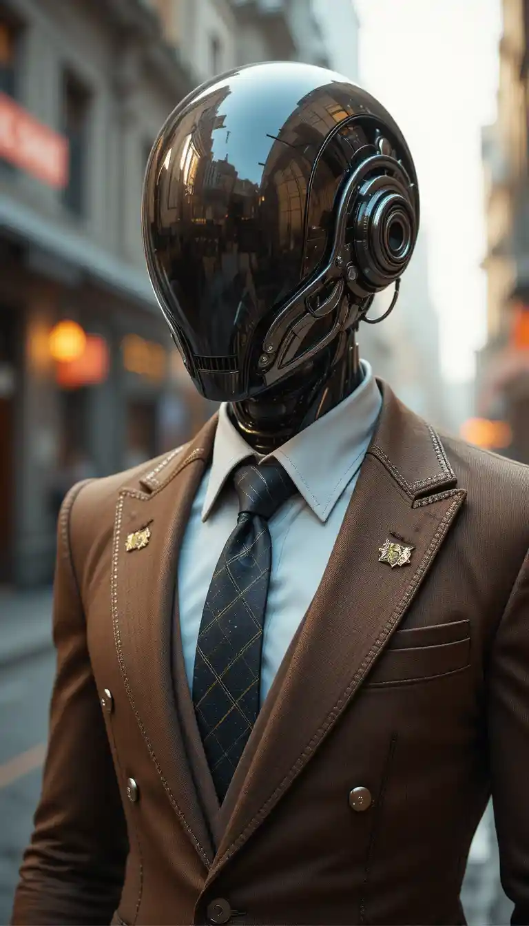 Robot humanoide futurista con traje marrón en la ciudad