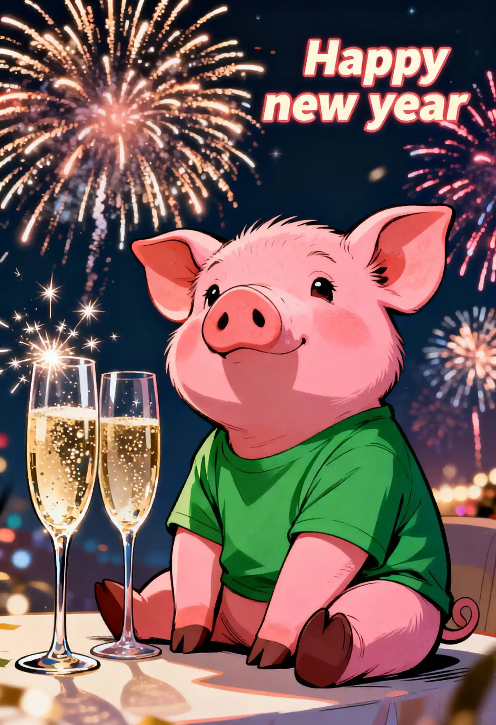 Niedliches rosa Ferkel mit Champagner und festlichem Feuerwerk
