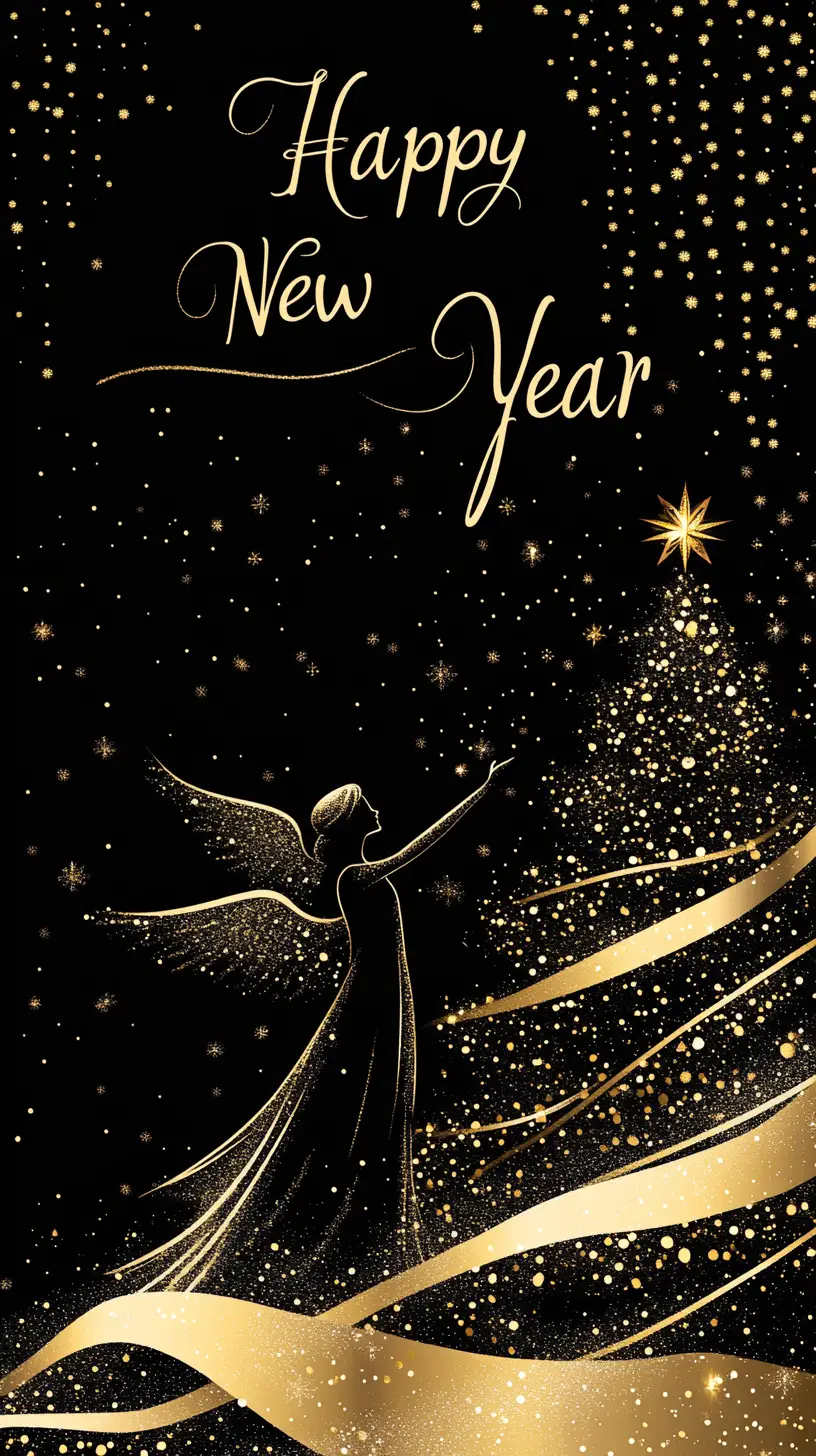 金色天使與聖誕樹新年明信片插畫