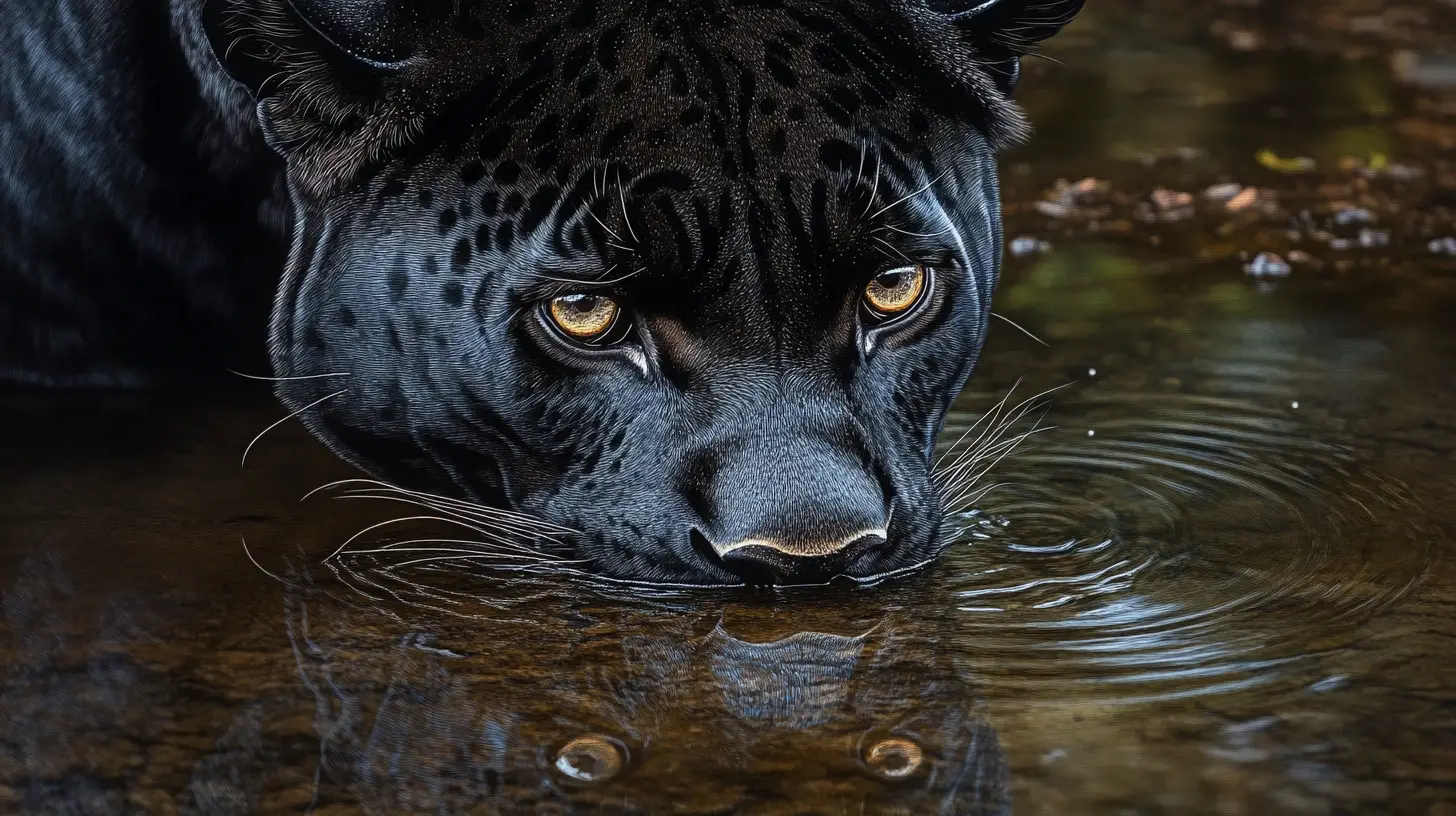 Panther, der sein Spiegelbild in einer regennassen Pfütze betrachtet