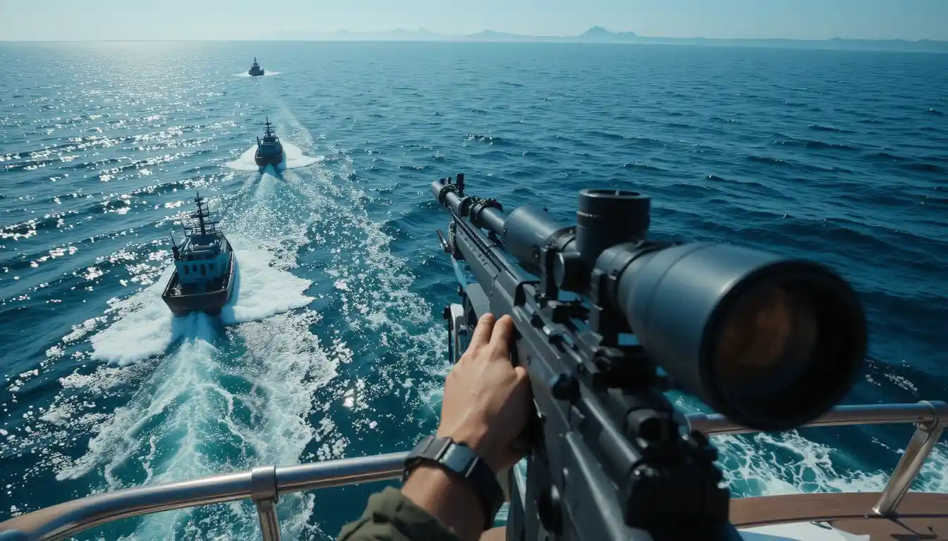 Sniper aiming from a luxury yacht over the open sea
