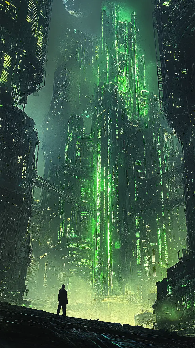 Silhouette solitaire surplombant une ville futuriste dystopique