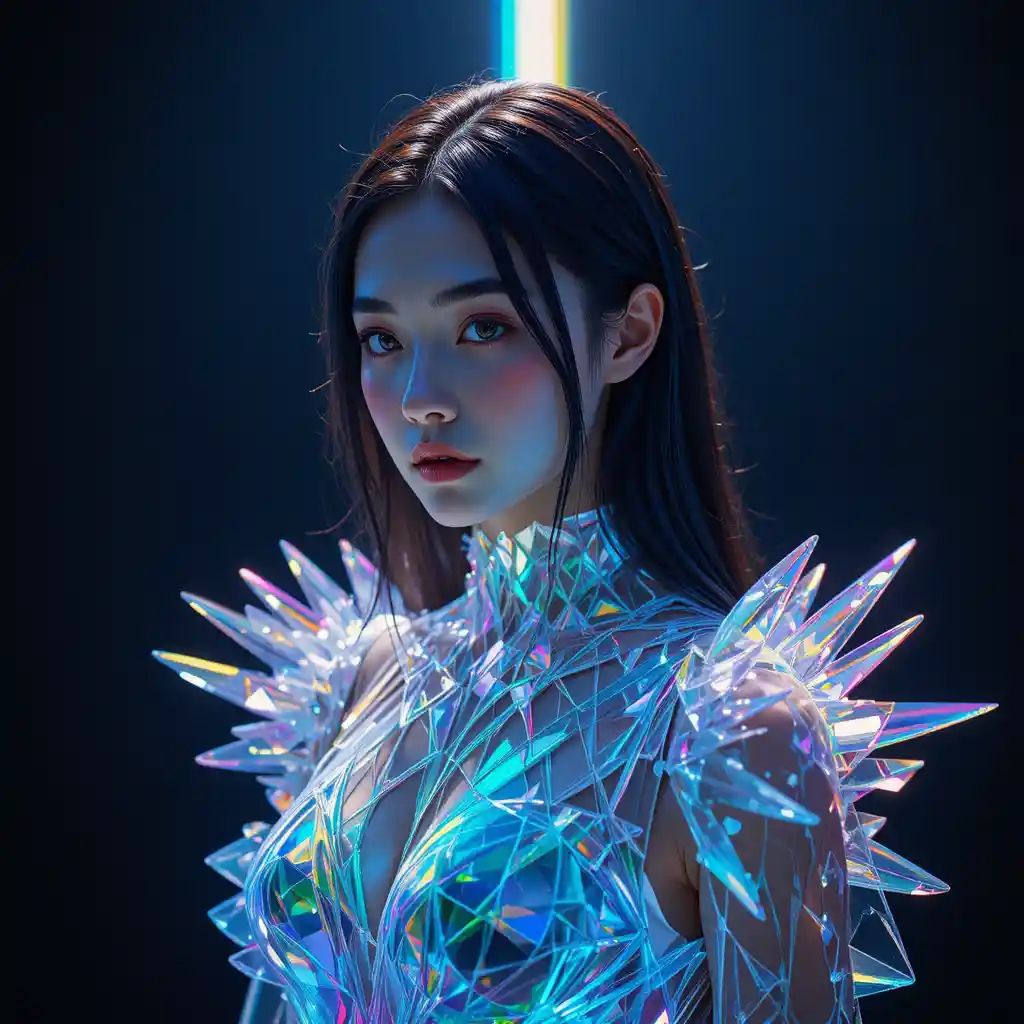 Korean model in crystal prism gown with rainbow light
