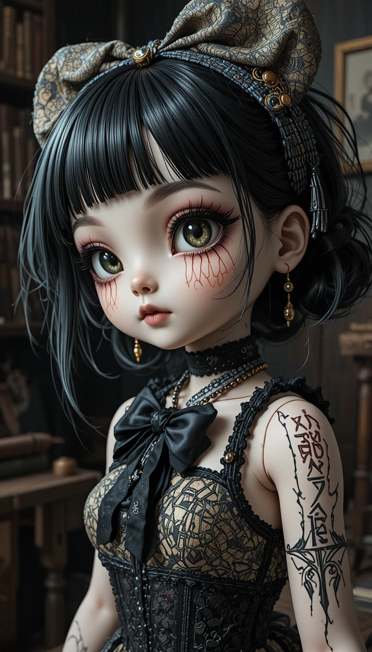 Anime ragdoll girl with stitched face in dark studio