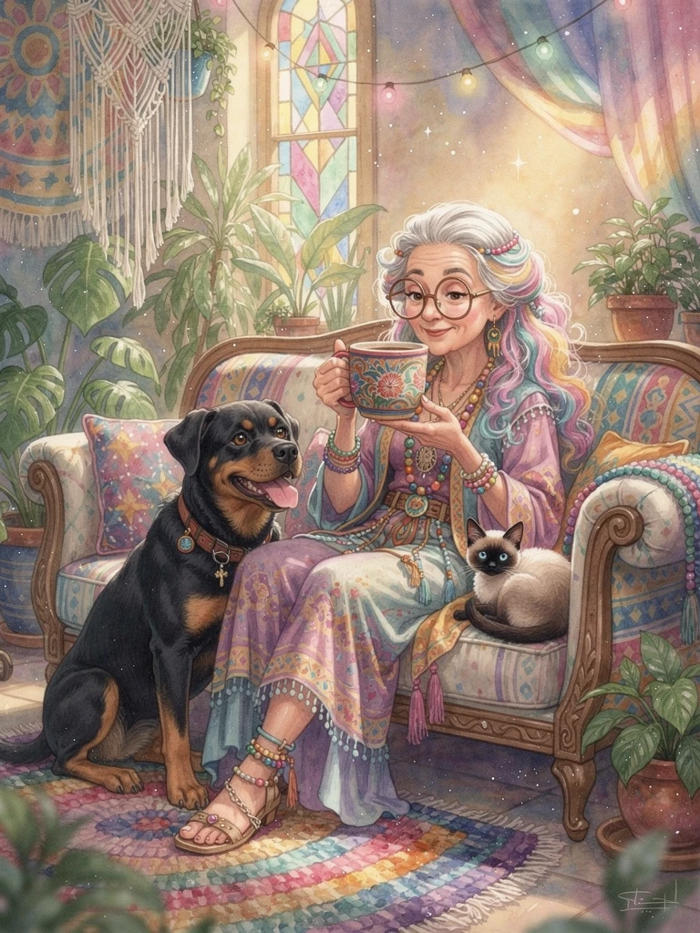 Hippie-Oma trinkt Kaffee mit Hund und Kätzchen