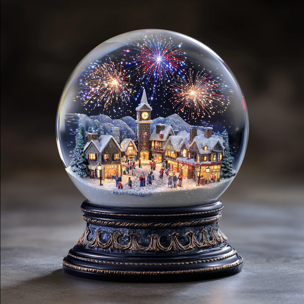 Magical snow globe with fireworks over a winter town