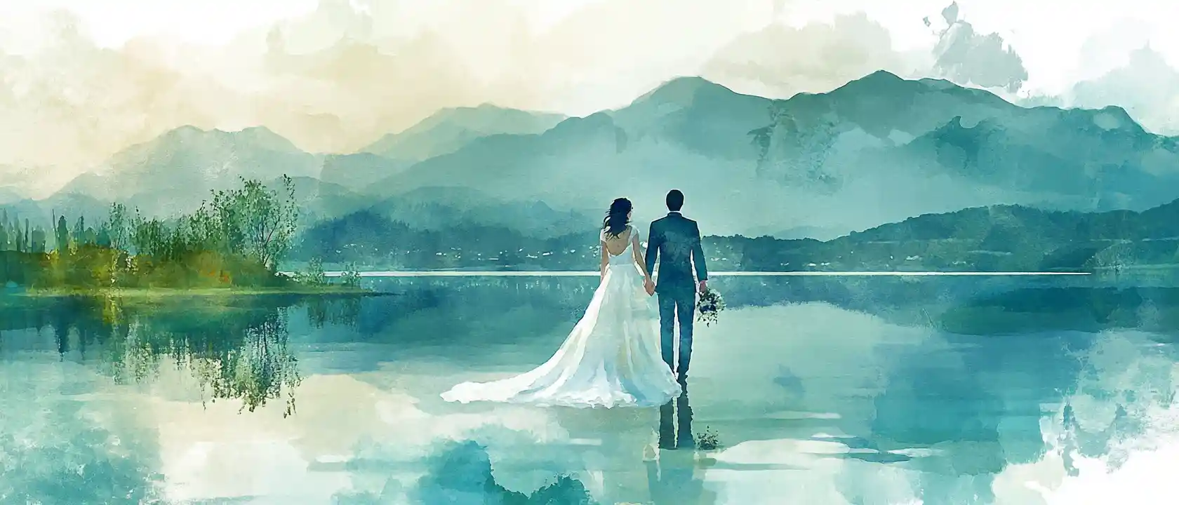 Sposa e sposo accanto a un tranquillo lago di montagna in acquerello