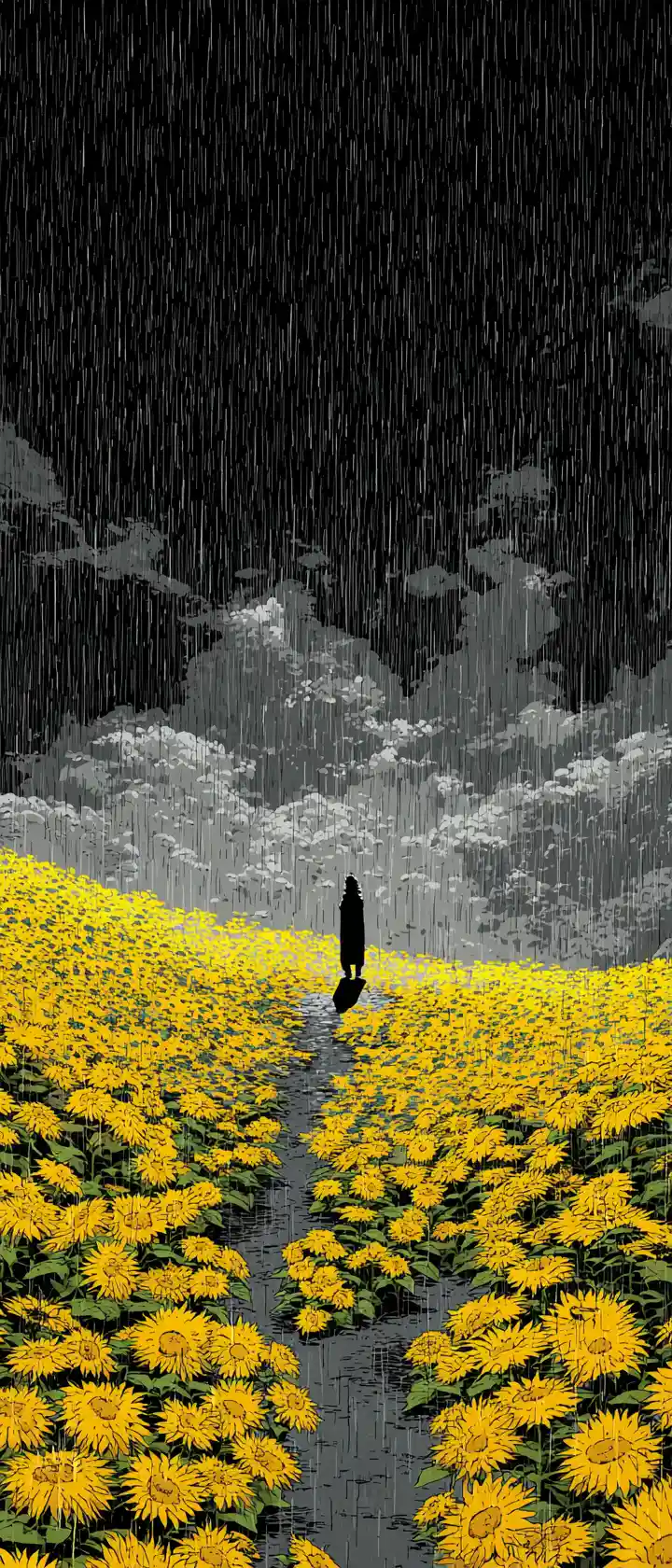Solitary figure in rainlit sunflower field with sunbeams