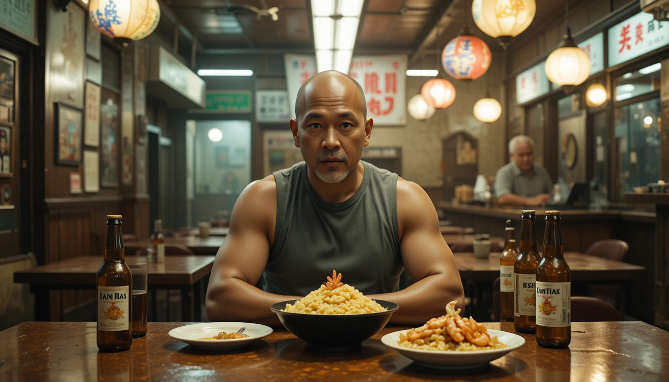 Uomo serio all’interno di un ristorante taiwanese di cucina stir fry