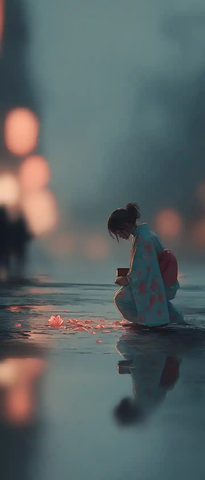 Donna in kimono in ginocchio su una strada piovosa al crepuscolo