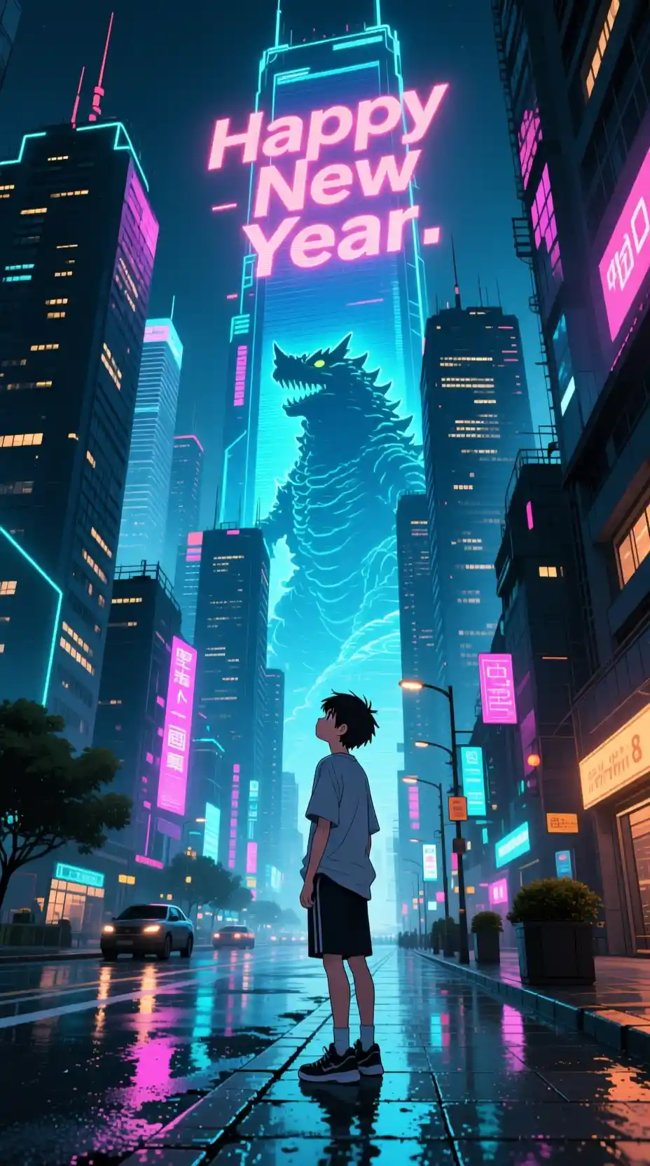 Teenage boy under neon lights in futuristic Chinese city