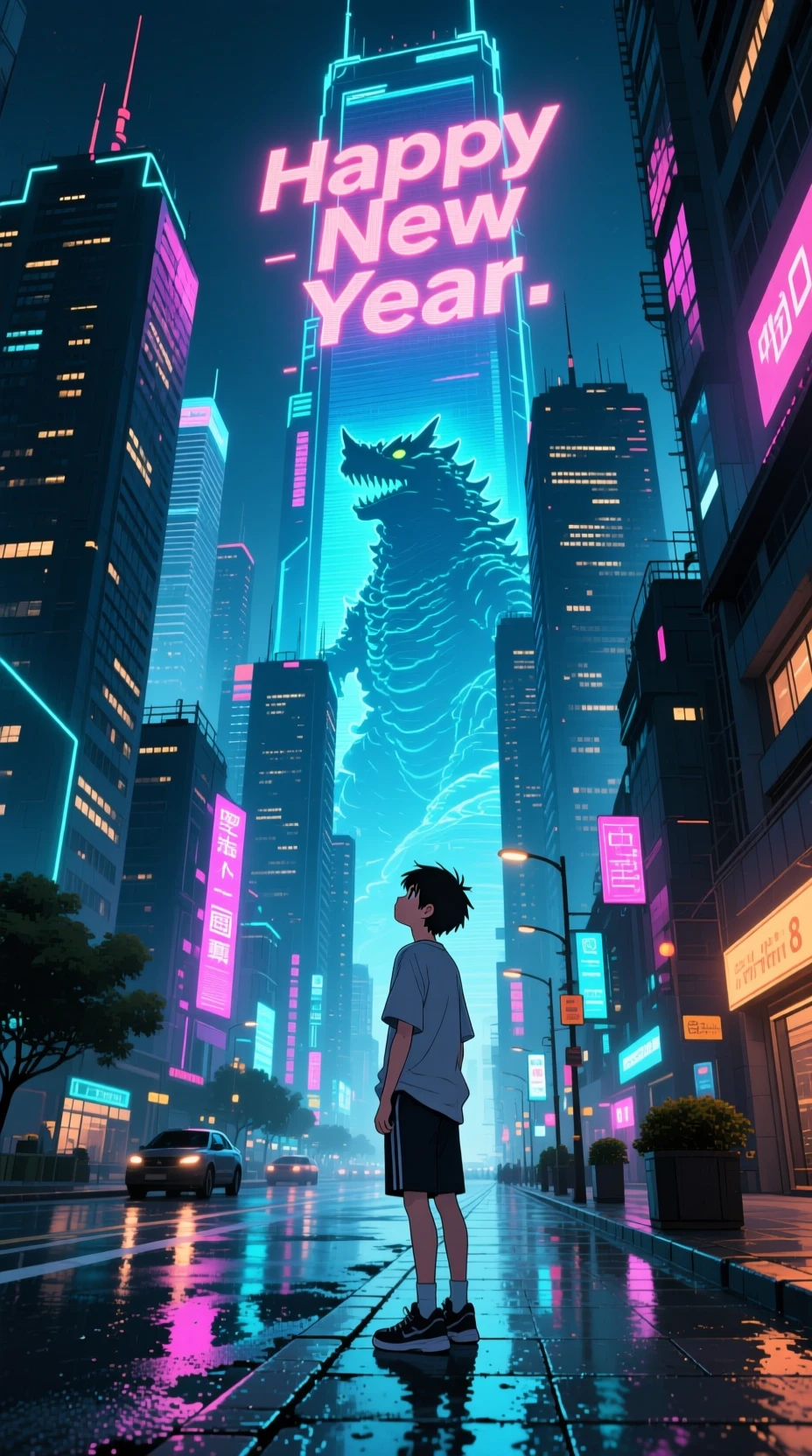 Adolescent sous les néons d’une ville chinoise futuriste