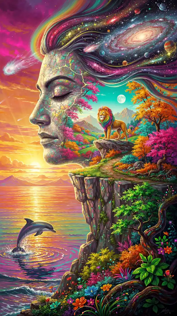Rostro de Piedra Surreal con Cabello Cósmico en Doble Exposición