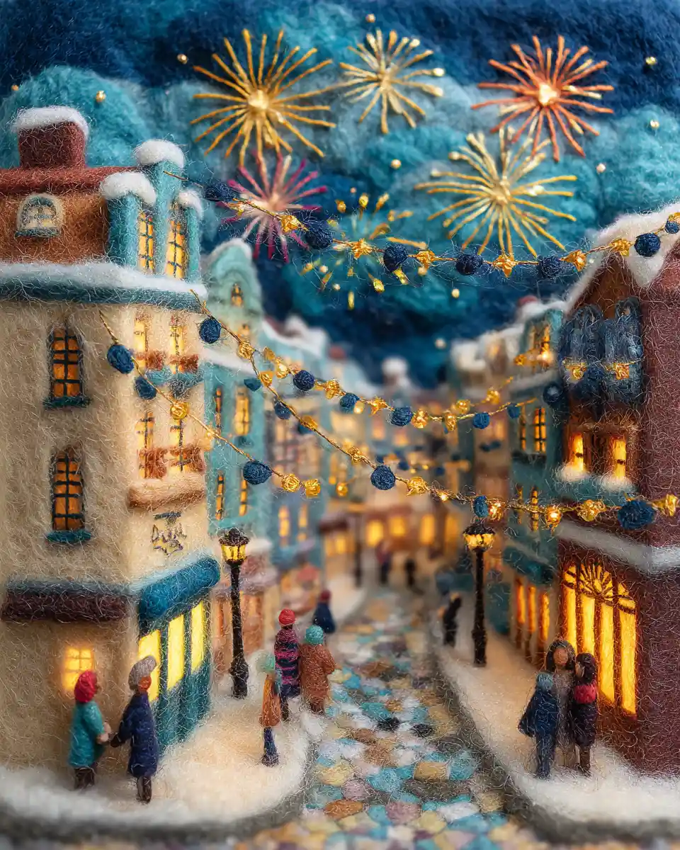 Festive European City Street In Needle Felted Winter Scene